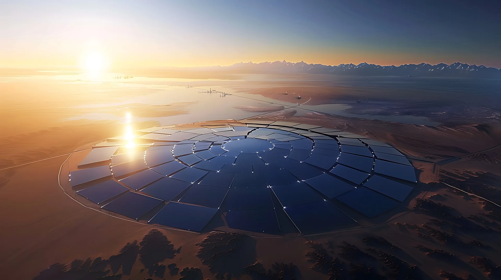medium aerial view of solar power plant reflecting sunlight at dawn over desert landscape